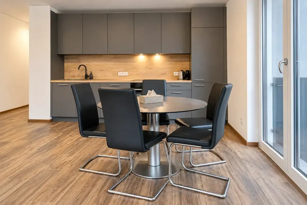 Moderne graue Einbauküche mit rundem Esstisch und vier Stühlen in der Eigentumswohnung in Frankfurt-Gallus
