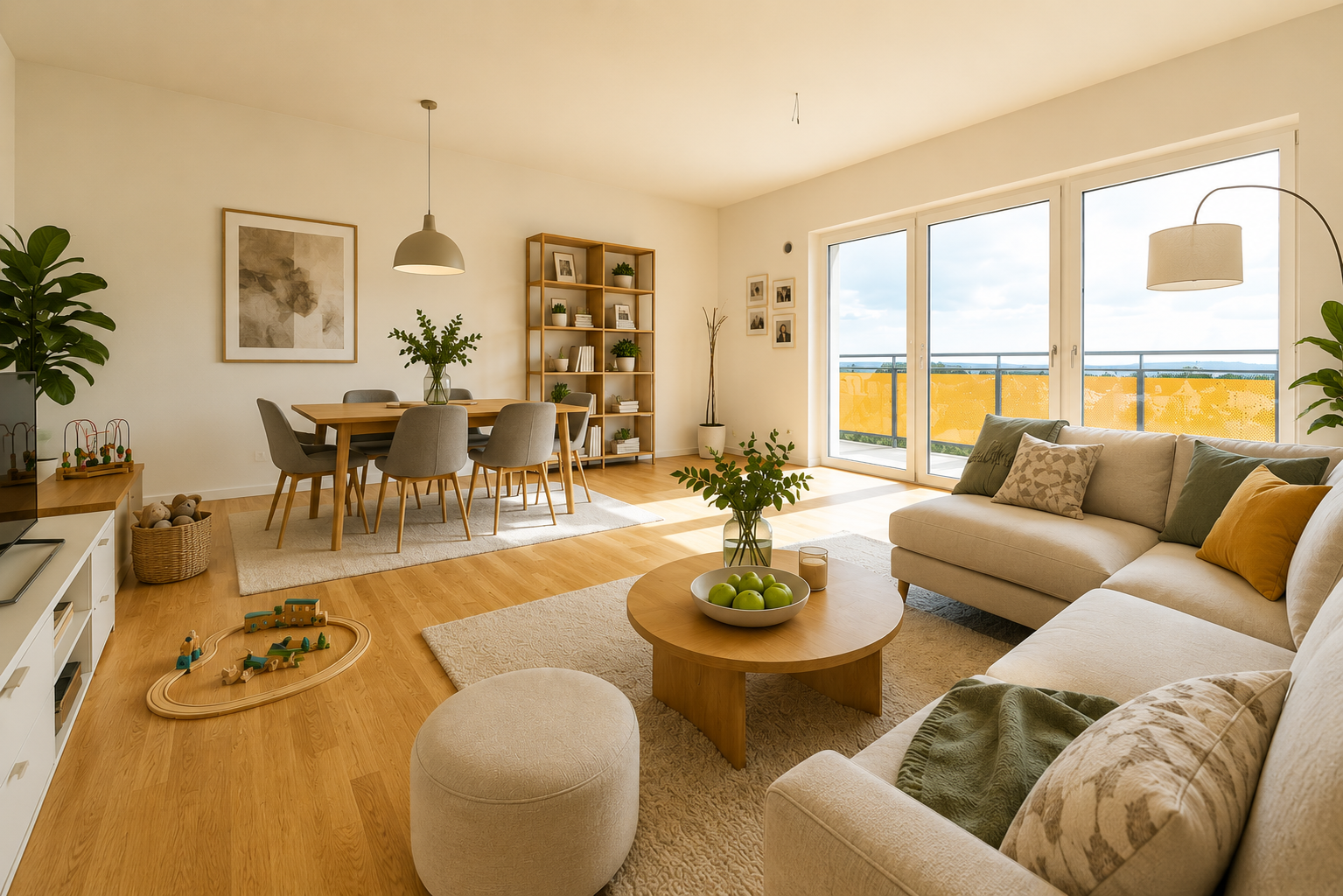 Helles, virtuell möbliertes Wohnzimmer mit Essbereich und Balkonzugang in einer 5-Zimmer-Familienwohnung im Projekt BUWOG AM NEUEN PARK Leipzig
