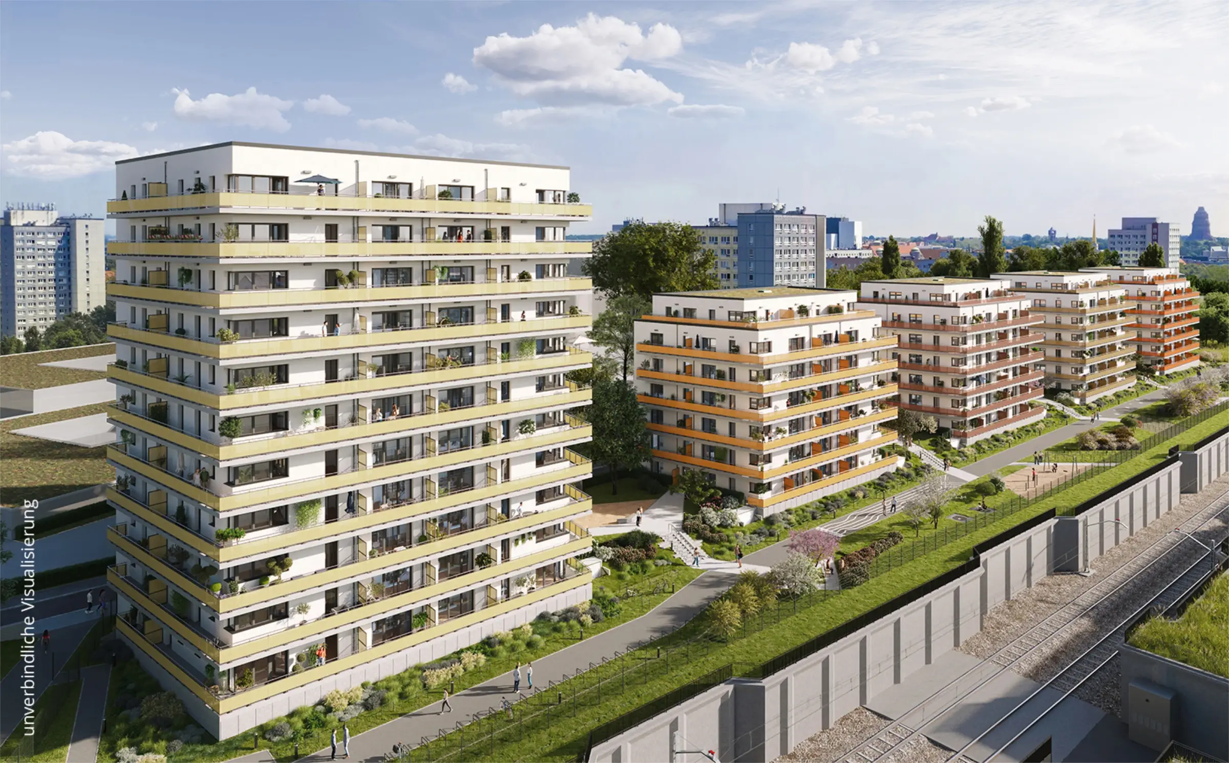 Visualisierung der fünf Wohnhäuser des Neubauprojekts BUWOG Am neuen Park in Leipzig