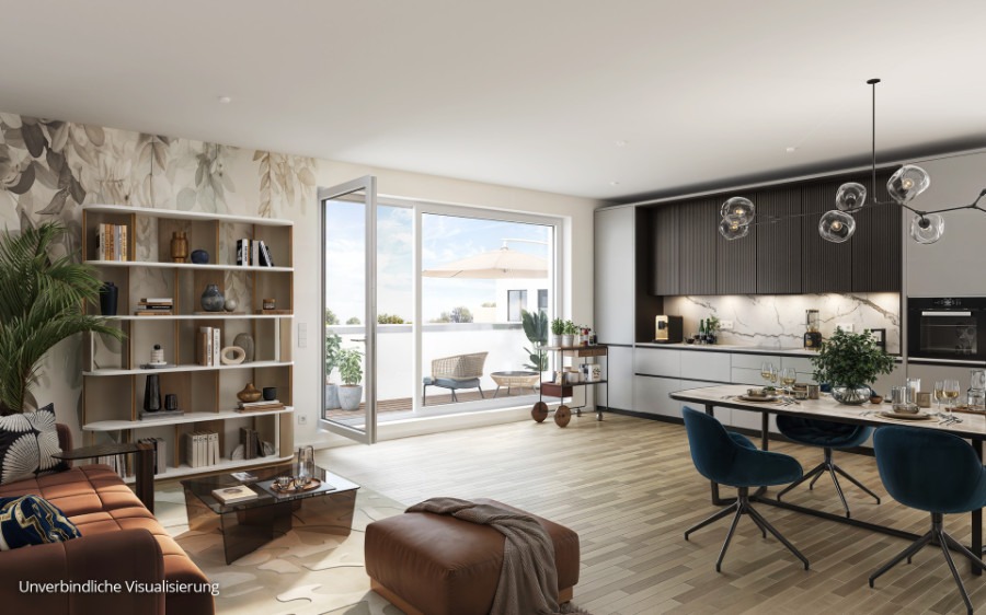 Unverbindliche Visualisierung eines offenen Wohn- und Essbereichs mit Balkon