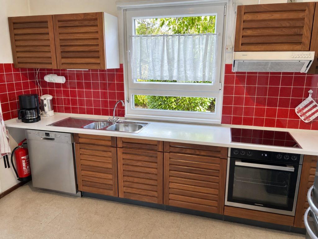 Einbauküche mit Holzfronten, Geschirrspüler, Backofen und Blick ins Grün