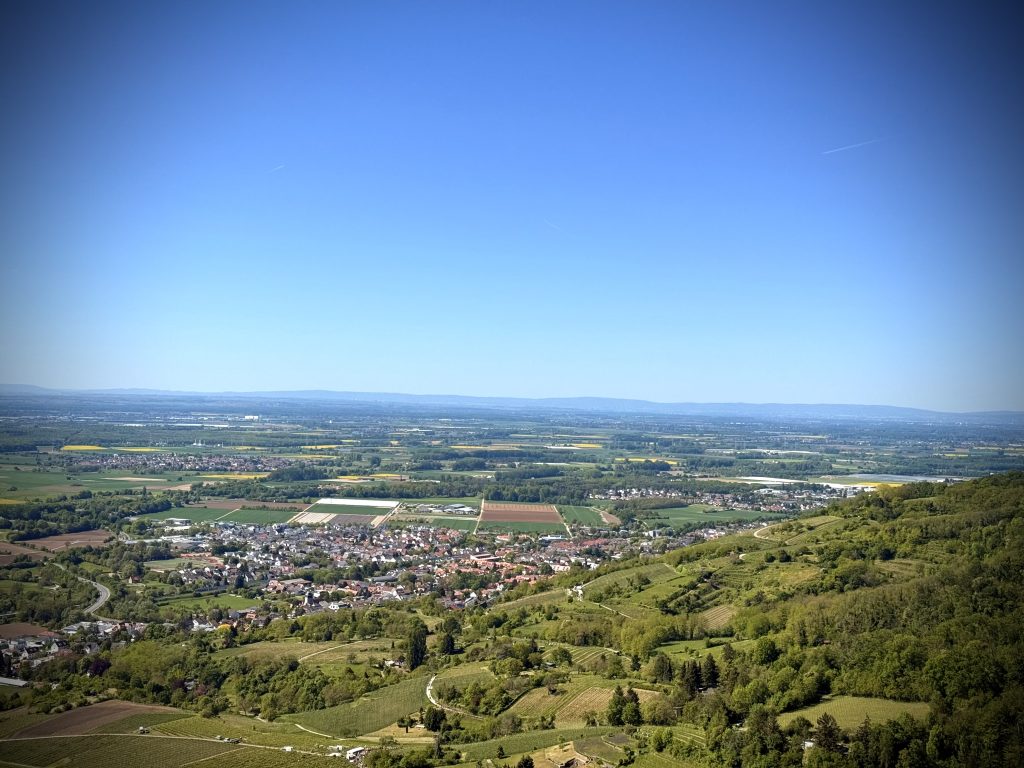 Panoramablick über die Bergstraße mit Weinbergen, Ortschaften und der Rheinebene