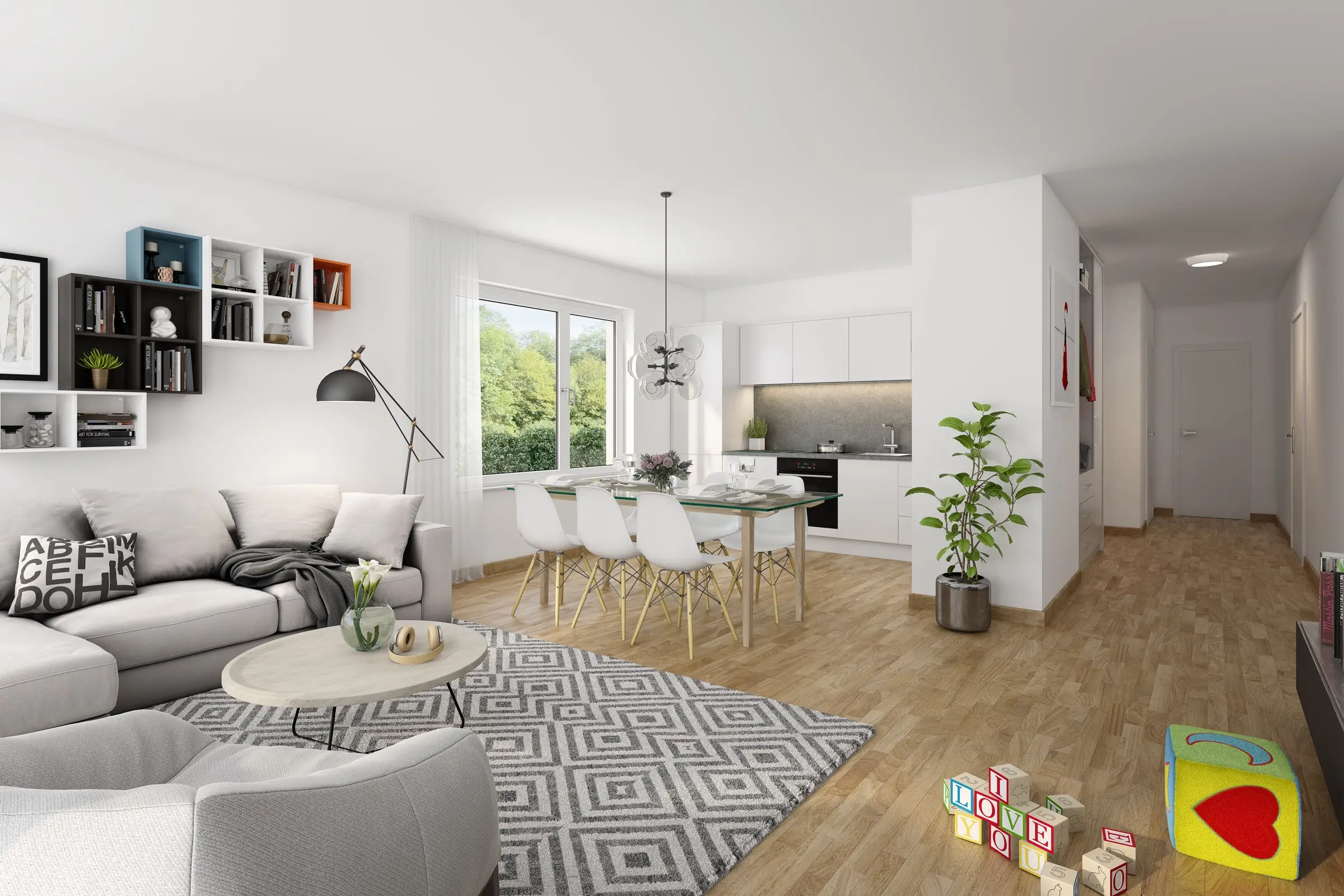 Parkquartier Heppenheim – offener Wohn- und Essbereich, Visualisierung